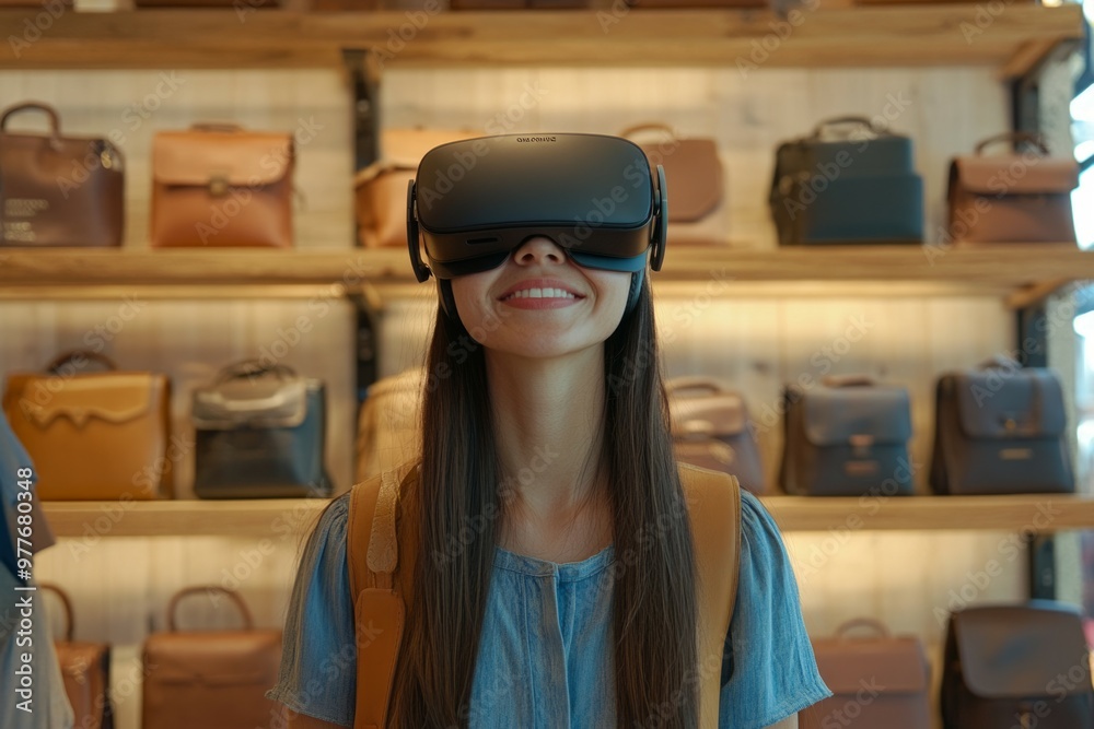 woman wearing a small modern VR headset, natural light woman wearing a small modern VR headset, natural light