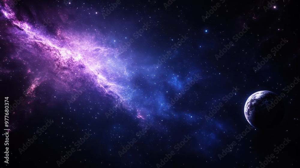 A beautiful, starry night sky with a purple and blue nebula. A planet is visible in the background A beautiful, starry night sky with a purple and blue nebula. A planet is visible in the background
