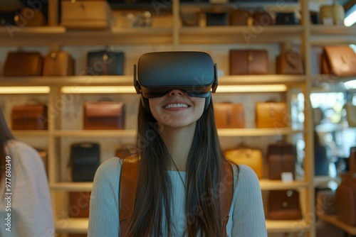 woman wearing a small modern VR headset, natural light 