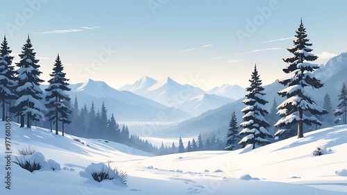 Peaceful and calm snowy forest , beautiful serene landscape for social media post, banner, poster design, calm soothing landscape