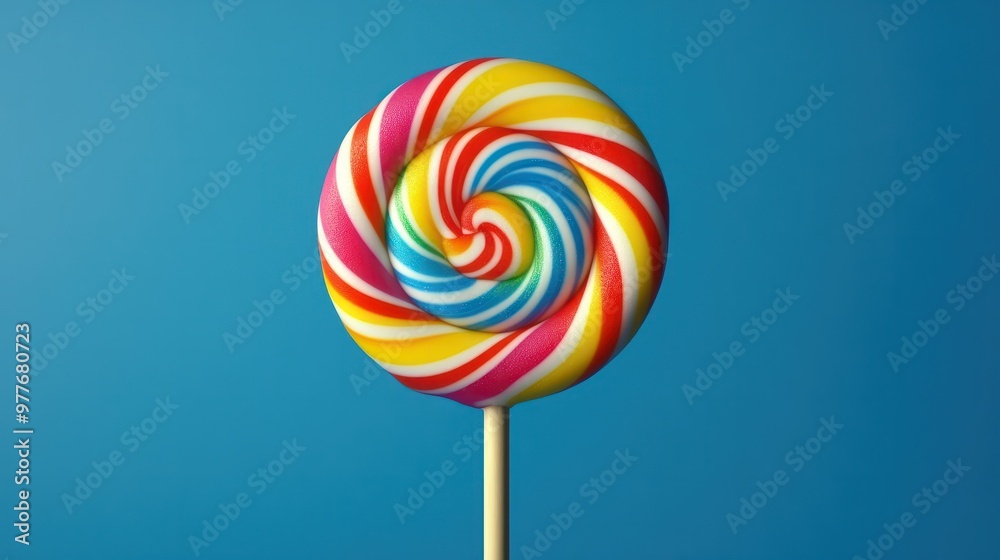 colorful spiral lollipop on blue background bright fun and sweet candy for all ages ideal for advertising marketing or promotional material 4th of july colorful spiral lollipop on blue background bright fun and sweet candy for all ages ideal for advertising marketing or promotional material 4th of july