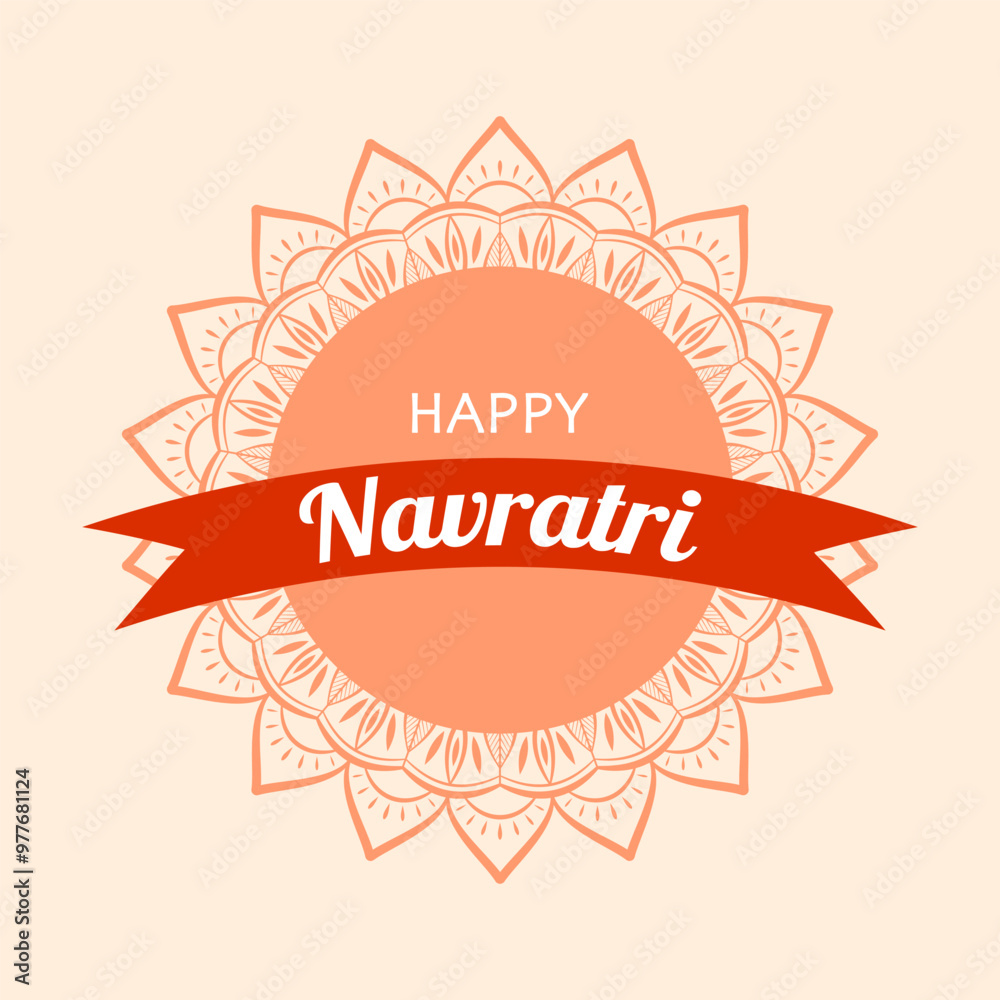 Text Happy Navratri and red ribbon on the background of orange floral mandala. Festive design for greeting card or poster for hindu celebration Navratri. Text Happy Navratri and red ribbon on the background of orange floral mandala. Festive design for greeting card or poster for hindu celebration Navratri.