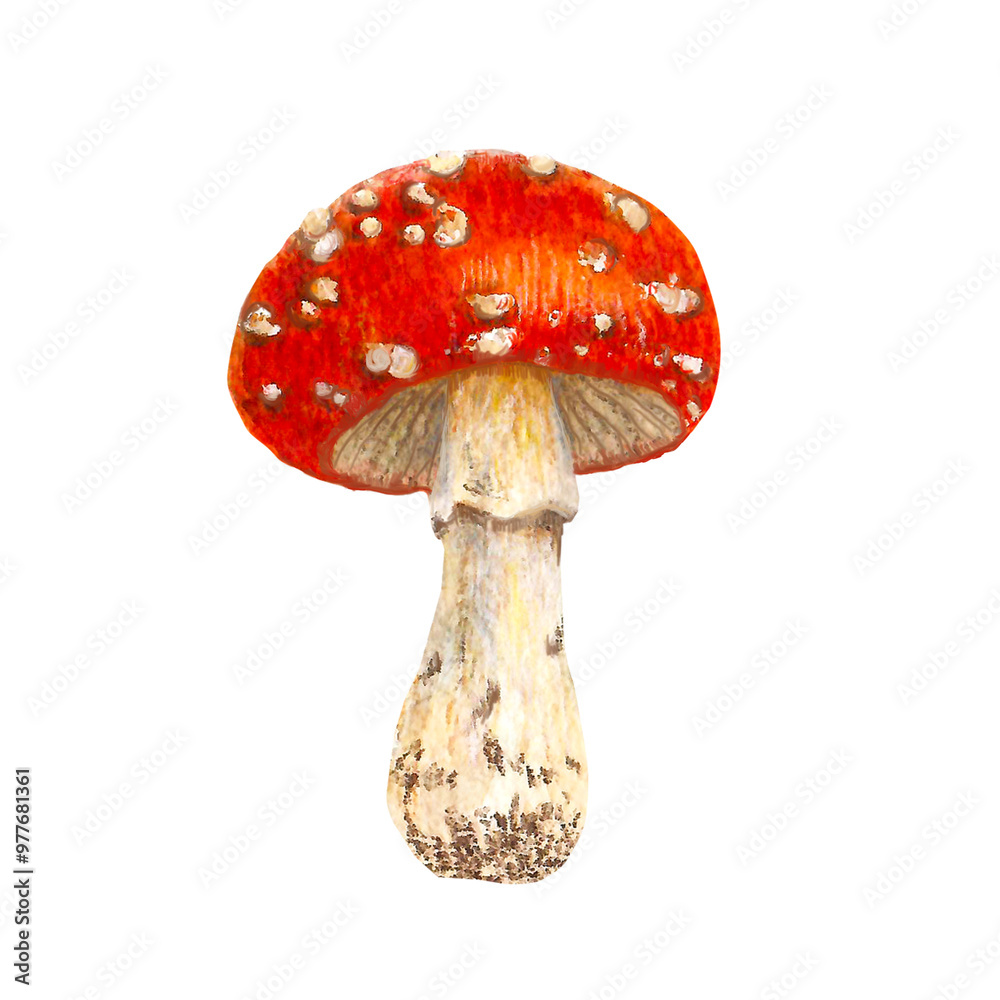 Obraz premium Watercolor mushroom. Botanical illustration with Fly agaric, amanita red mushroom