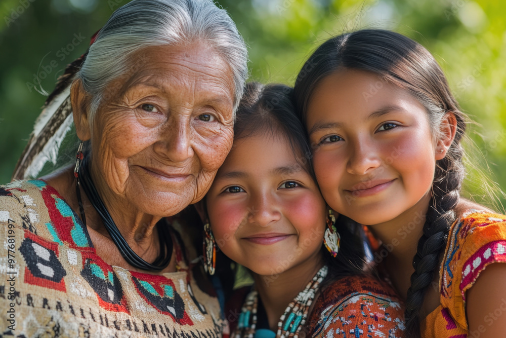 Grandmother and granddaughters smiling together wearing colorful traditional clothing Grandmother and granddaughters smiling together wearing colorful traditional clothing