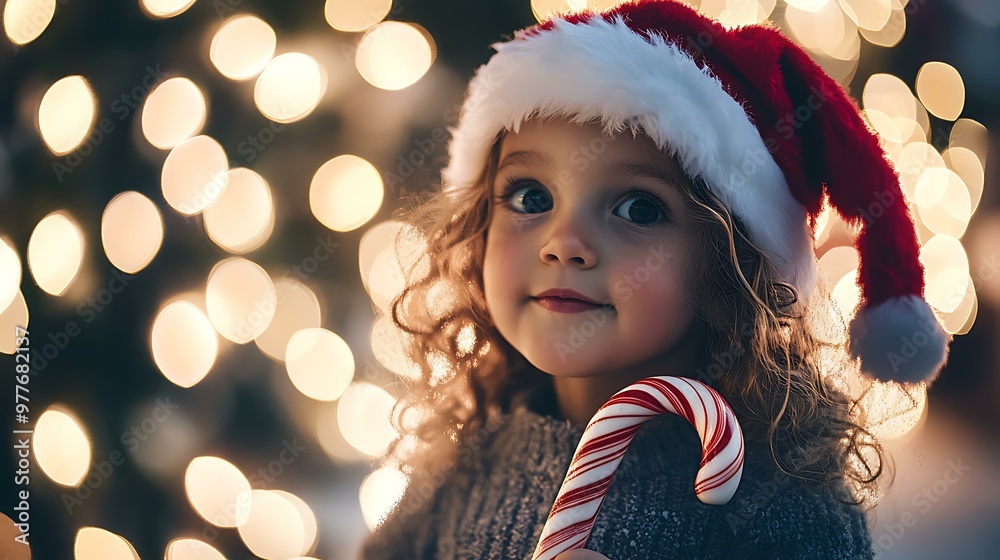 A child wearing a Santa hat and holding a big candy cane, surrounded by twinkling Christmas lights A child wearing a Santa hat and holding a big candy cane, surrounded by twinkling Christmas lights