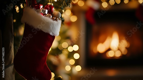 A close-up of a Christmas stocking filled with small presents, hung by a glowing fireplace
