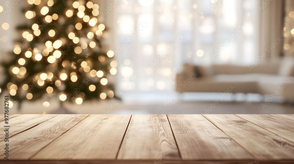 Empty woooden table top with abstract warm living room decor with christmas tree string light blur background with snow,Holiday backdrop,Mock up banner for display of advertise product Empty woooden table top with abstract warm living room decor with christmas tree string light blur background with snow,Holiday backdrop,Mock up banner for display of advertise product