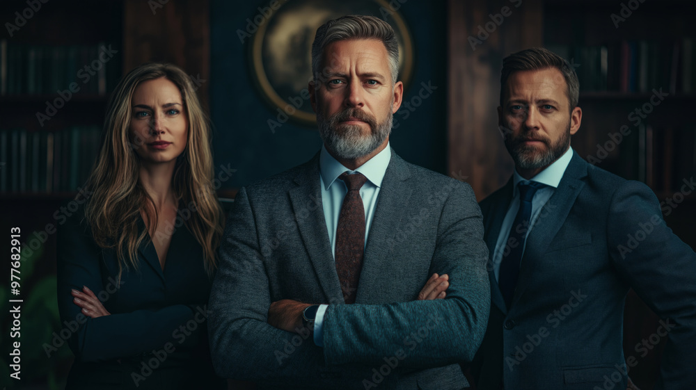 Three mature business professionals in formal attire, standing confidently in a modern office setting, representing leadership and teamwork Three mature business professionals in formal attire, standing confidently in a modern office setting, representing leadership and teamwork
