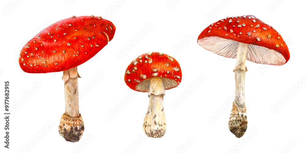 Obraz premium Watercolor mushrooms set. Botanical illustration with Fly agaric, amanita red mushroom