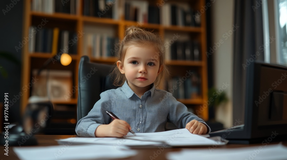 Child posing as an executive assistant, organizing documents and communicating with clients via video chat. Child posing as an executive assistant, organizing documents and communicating with clients via video chat.
