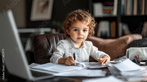 Child posing as an executive assistant, organizing documents and communicating with clients via video chat.