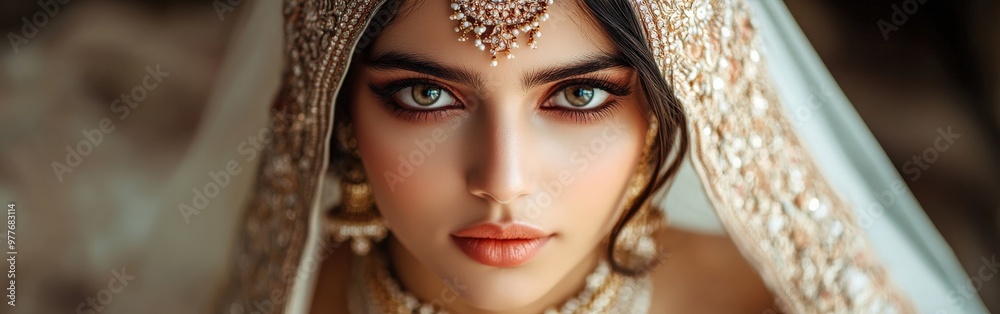 Stunning Indian bride adorned with traditional attire and elegant jewelry Stunning Indian bride adorned with traditional attire and elegant jewelry