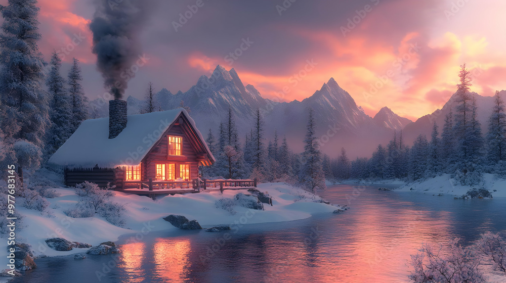 Fototapeta premium Winter Cabin in Mountain Landscape with River - 3D Illustration