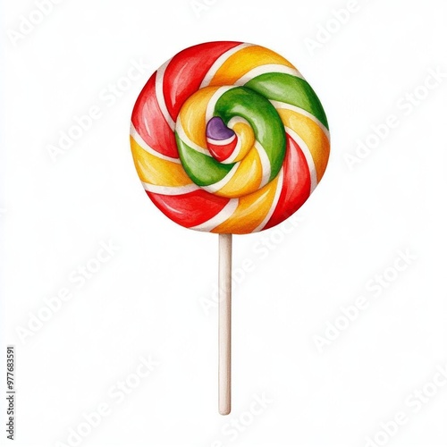 A single cute lollipop with a swirl design, watercolor illustration, clipart, isolated on pure white background