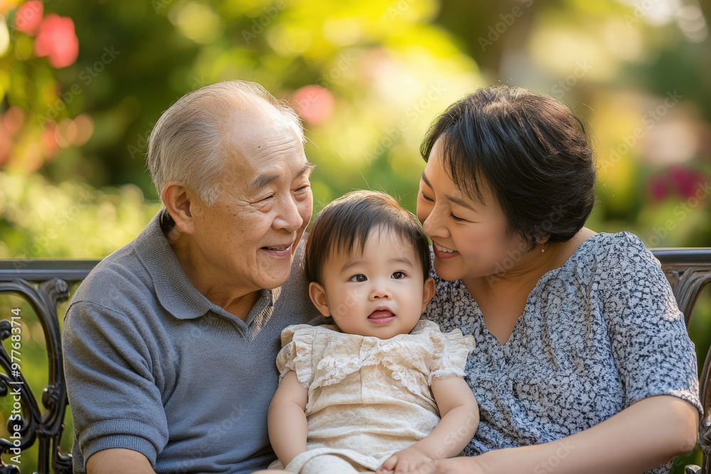 Happy multi-generational family is sitting on a bench in a park, enjoying the warm weather and each other's company Happy multi-generational family is sitting on a bench in a park, enjoying the warm weather and each other's company