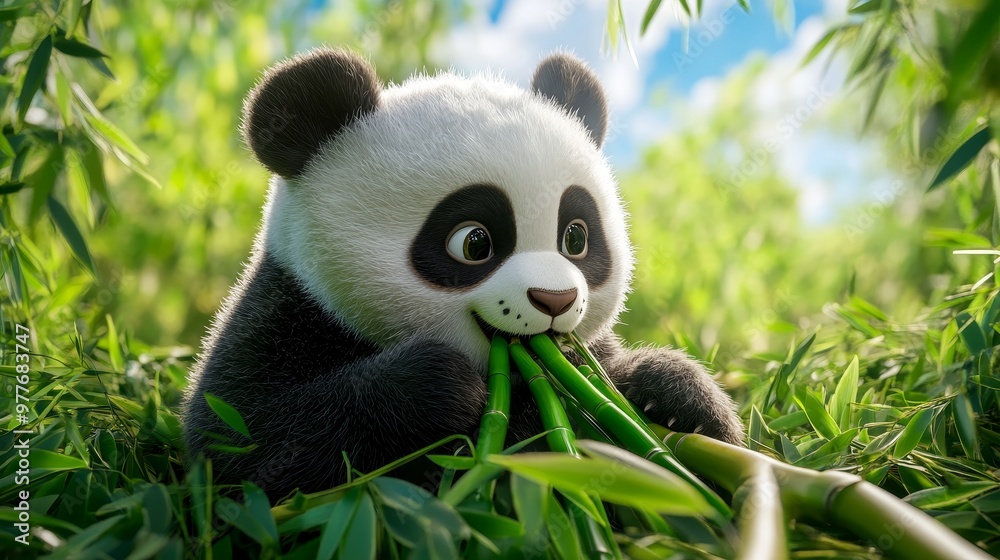 A playful panda munches on bamboo in a vibrant green forest under clear blue skies during the afternoon A playful panda munches on bamboo in a vibrant green forest under clear blue skies during the afternoon