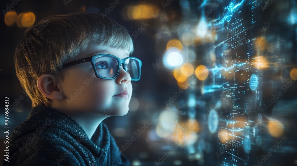 Child quantum scientist analyzing data from quantum experiments, with futuristic technology in the background. Child quantum scientist analyzing data from quantum experiments, with futuristic technology in the background.