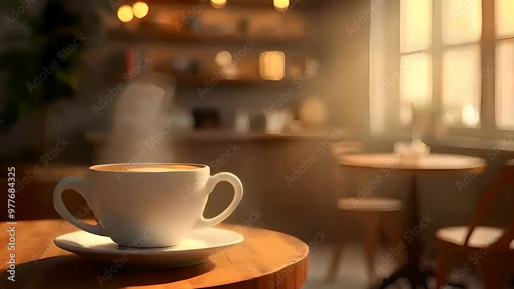 Coffee Cup with Steam on Wooden Table in Cafe Coffee Cup with Steam on Wooden Table in Cafe