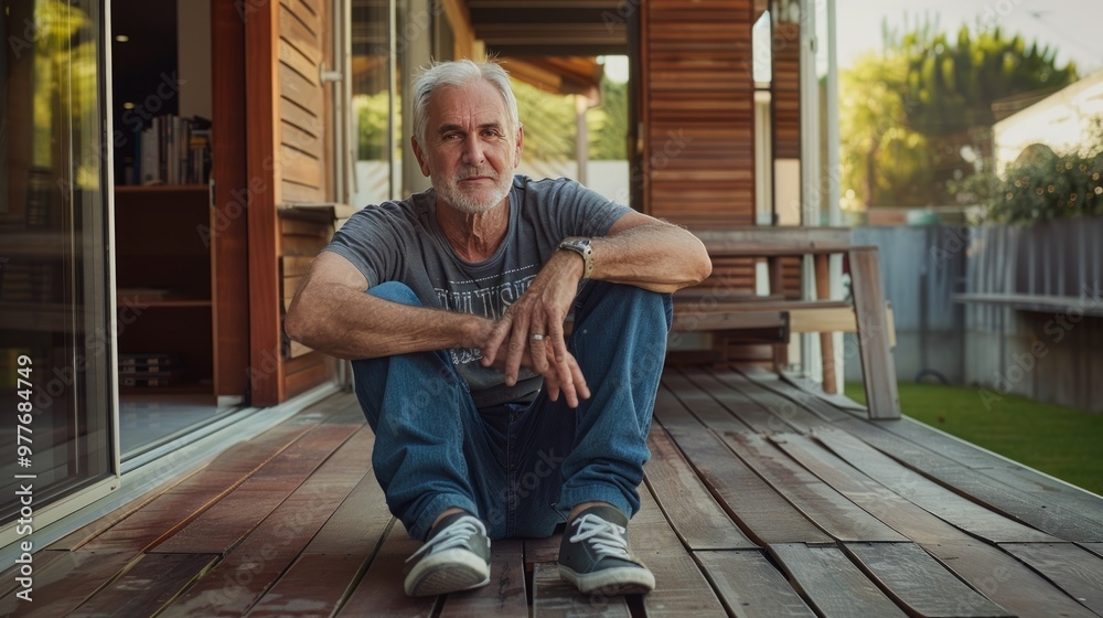 Elderly man with white hair and beard, sitting on a wooden porch, looking thoughtful and relaxed, casual style. Elderly man with white hair and beard, sitting on a wooden porch, looking thoughtful and relaxed, casual style.