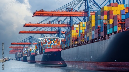 Cargo ships at a busy port with cranes unloading containers, representing global trade activities