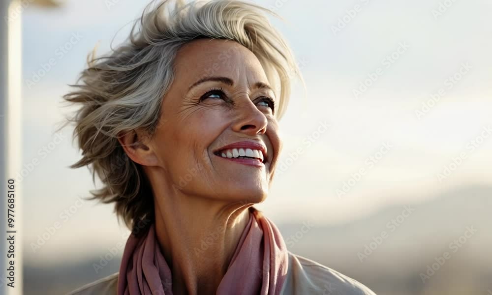 A beautiful middle-aged woman with gray hair and healthy skin is smiling in a good mood. A beautiful middle-aged woman with gray hair and healthy skin is smiling in a good mood.