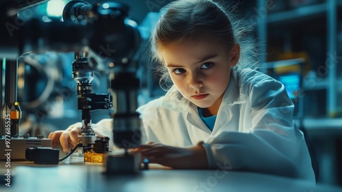 Child scientist working with a robotic arm in a high-tech laboratory, looking focused and determined.