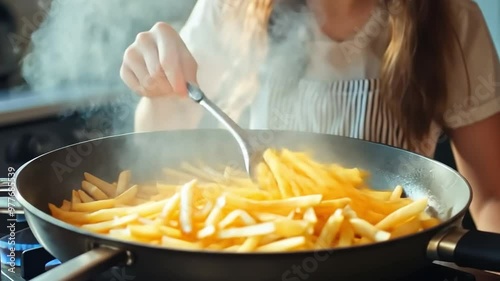 Asian wife using her electric fryer to make oil-free french fries from potatoes in her home kitchen photo