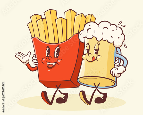 Groovy Beer and French Fries Retro Characters Label. Cartoon Fried Potato Box and Beverage Mug Walking Vector Food Mascot Template. Happy Vintage Cool Fast Food Illustration with Typography Isolated