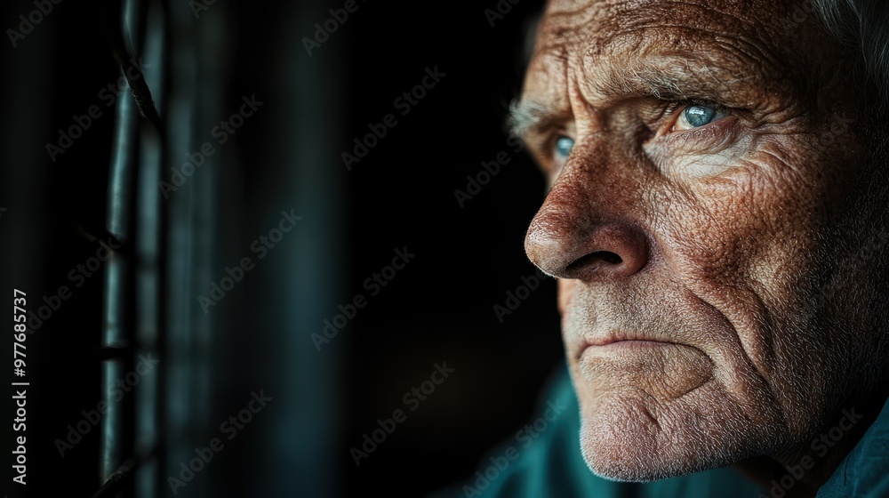 A mysterious scene capturing an individual partially visible behind metal bars, bathed in dim light, evoking emotions of confinement, secrecy, and contemplation.