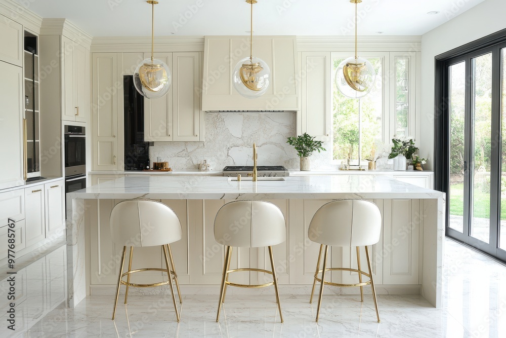 A kitchen with a white counter and a marble backsplash A kitchen with a white counter and a marble backsplash