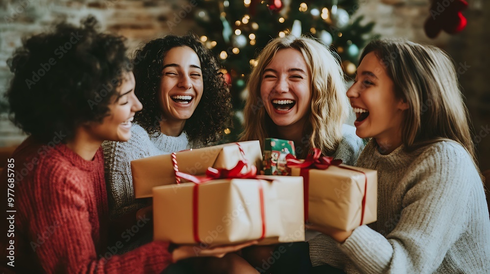 Friends exchanging funny gag gifts and laughing during a Christmas gift exchange Friends exchanging funny gag gifts and laughing during a Christmas gift exchange