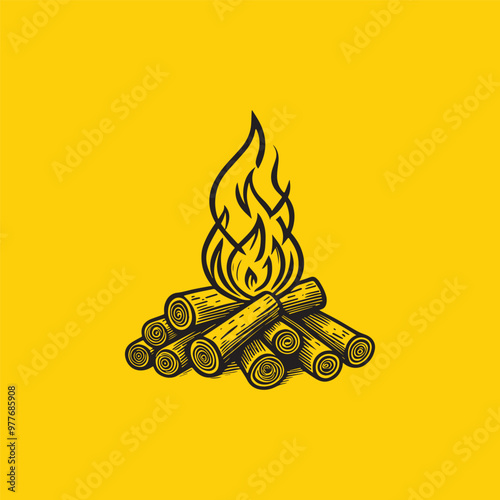 Camp fire or bonfire burning on firewood design