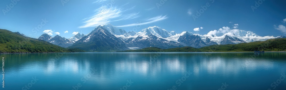 Panoramic View of Snow-Capped Alaskan Mountains and Reflecting Blue Lake Panoramic View of Snow-Capped Alaskan Mountains and Reflecting Blue Lake