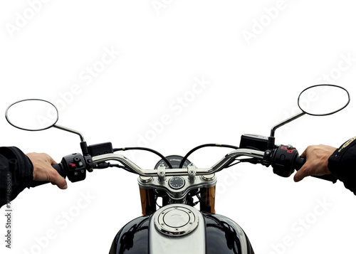 1st person perspective POV of a motorcycle biker driver speeding away on his motorcycle. Transparent background PNG photo