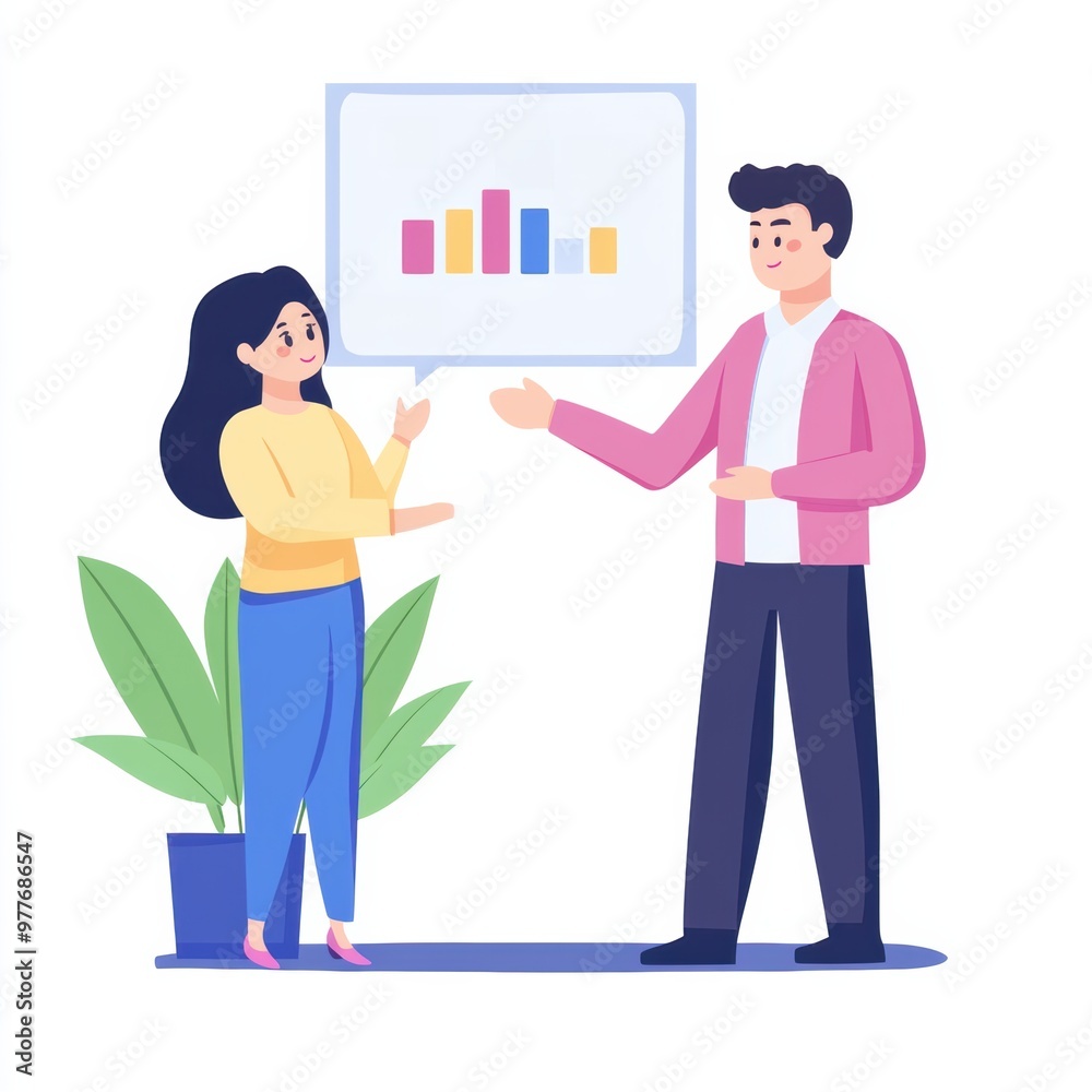 A business meeting with a man and a woman discussing growth charts in a modern office setting with plants. A business meeting with a man and a woman discussing growth charts in a modern office setting with plants.