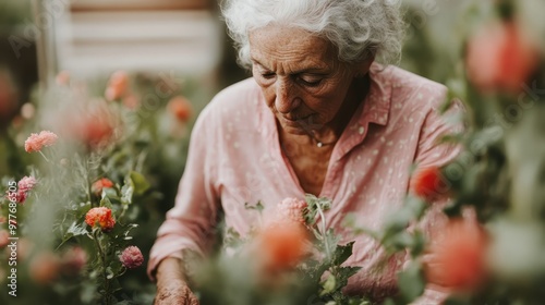 An elderly woman lovingly tends to her blooming garden roses, surrounded by bright colors and greenery, representing a deep love for gardening and nature's beauty in bloom.