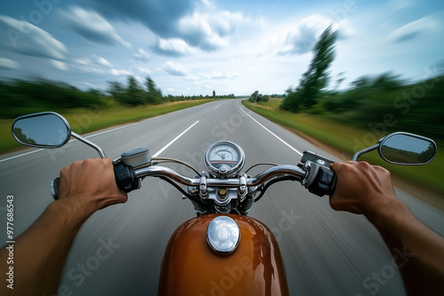 1st person perspective POV of a motorcycle biker driver speeding away on his motorcycle. Speeding highway background.