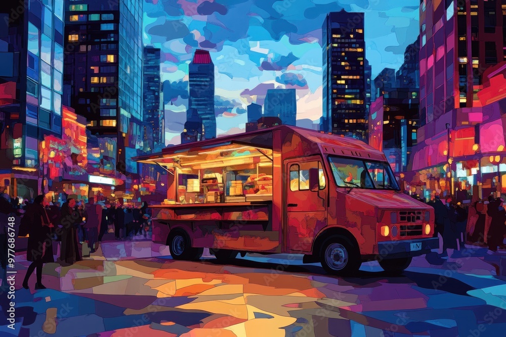 Obraz premium A Red Food Truck Parked in a City at Night