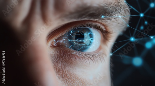 Close-up of an eye with digital network overlay, symbolizing technology, cyber security, and futuristic vision. photo