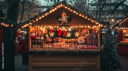 A beautifully decorated Christmas market stall with lights, ornaments, and festive treats for sale