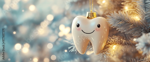 Smiling tooth Christmas ornament on snowy pine branch closeup. Dental care holiday concept. Festive decoration for dentist office or oral hygiene awareness campaign. Banner with copy space photo