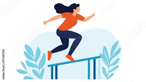 Overcoming obstacles, person jumping over hurdles, flat design illustration