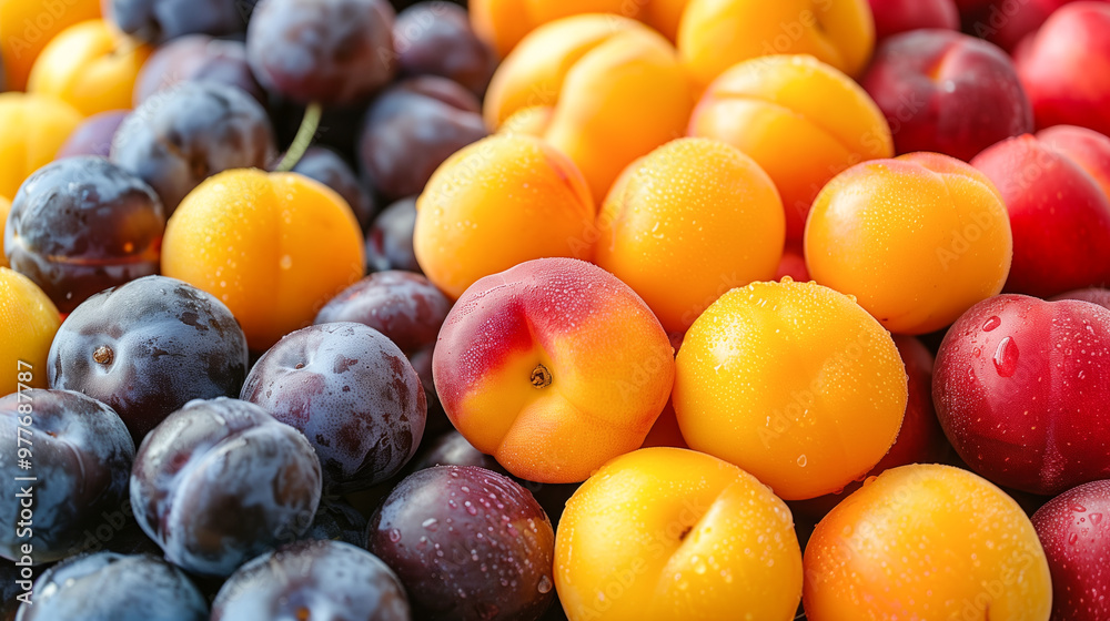 Vibrant Assortment of Fresh Plums and Apricots Displayed in a Colorful Arrangement Vibrant Assortment of Fresh Plums and Apricots Displayed in a Colorful Arrangement