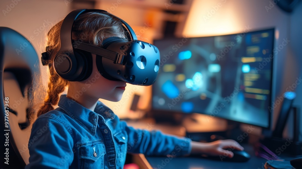 Child testing VR simulations for training purposes, using cutting-edge technology in a modern studio. Child testing VR simulations for training purposes, using cutting-edge technology in a modern studio.