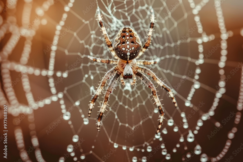 A spider is sitting on a web with a lot of water droplets on it