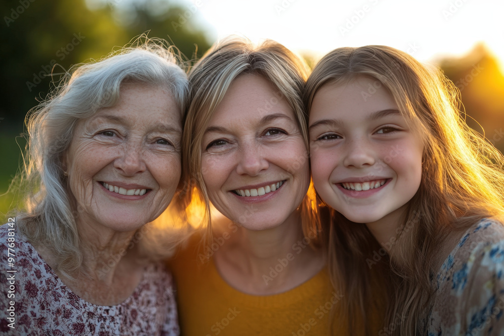 Fototapeta premium Grandmother, mother, and daughter are smiling together outdoors