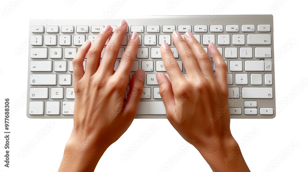 Detailed view of hands typing on a silver keyboard isolated on transparent background PNG Detailed view of hands typing on a silver keyboard isolated on transparent background PNG