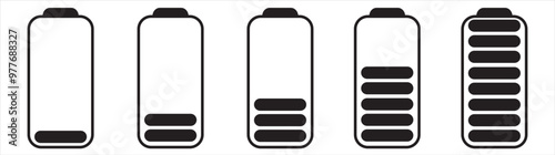 Set of vertical battery level indicators in percentage vector. Battery indicator symbols. 0-100 percent. eps10