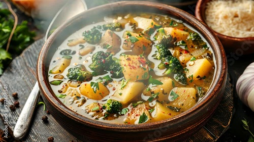 Delicious broccol stew with potatoes, herbs, and spices cooked in a cozy kitchen photo