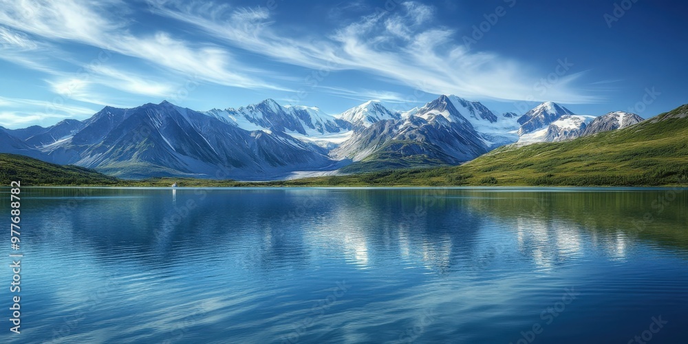 Panoramic View of Snow-Capped Alaskan Mountains and Reflecting Blue Lake Panoramic View of Snow-Capped Alaskan Mountains and Reflecting Blue Lake